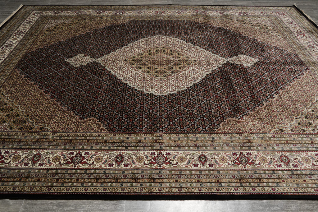 Decorative rug with intricate patterns on a plain background