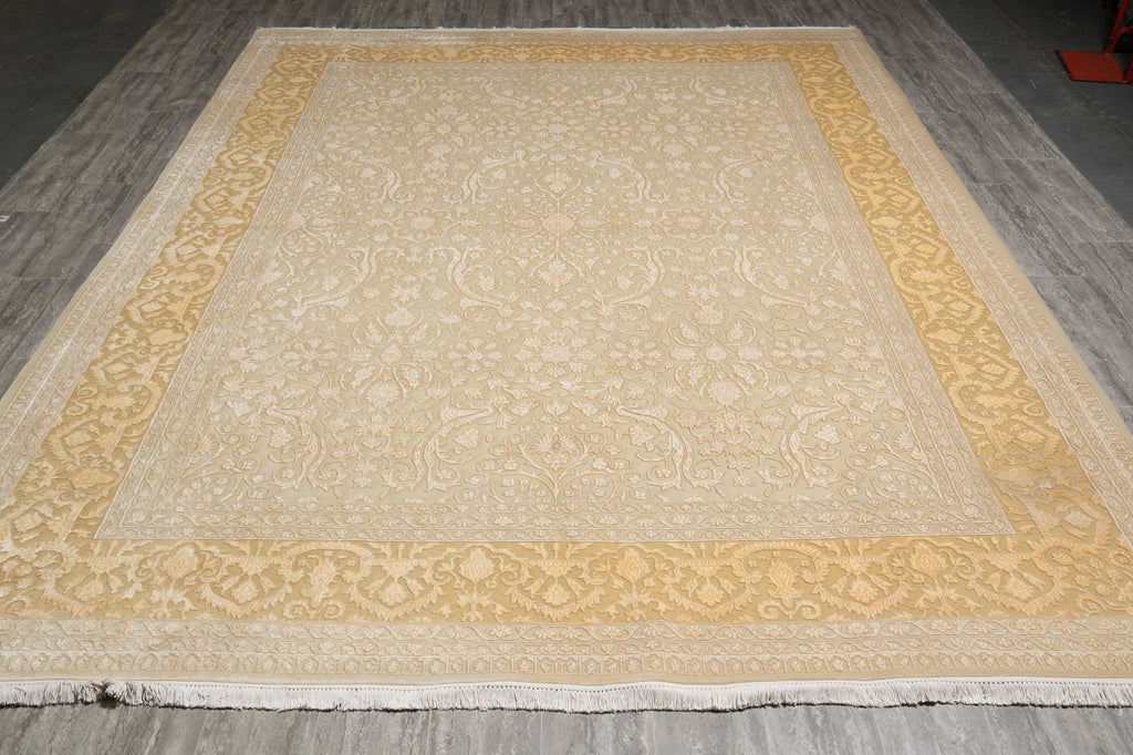 9 x 11.6 Fine Quality Wool and Silk Transitional Hand-Knotted Rug #B-72516