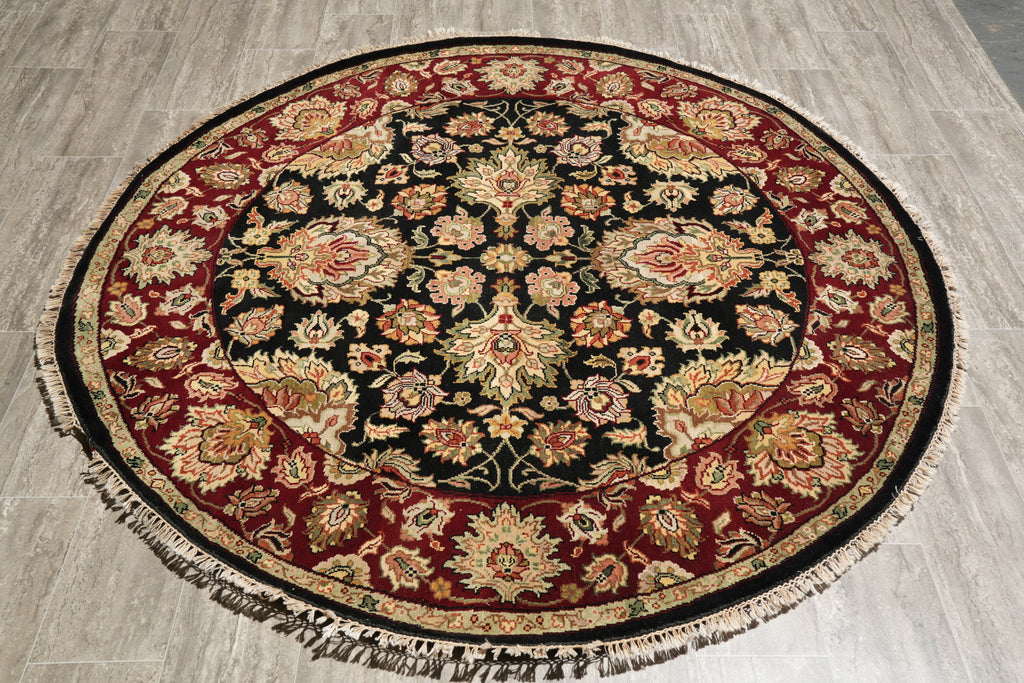 6 x 6 Round Handmade Wool Rug Black Burgundy
