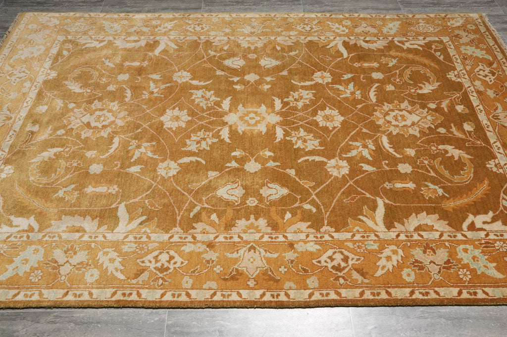 6 x 8.9 Hand-Knotted Agra Rug Honey Brown #PIX-18757