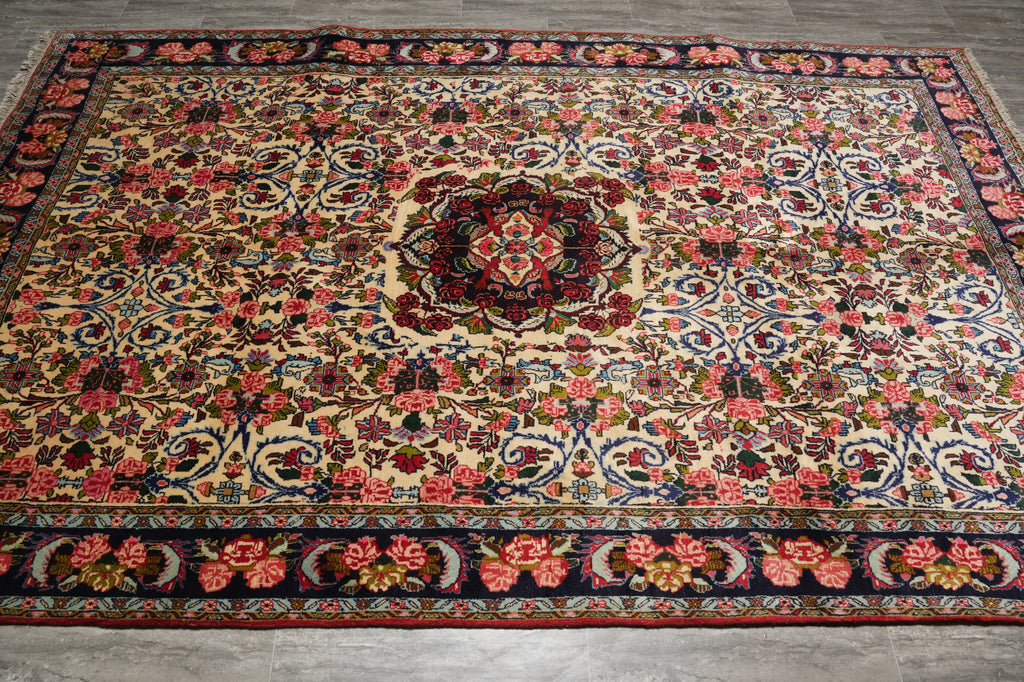 6.6 x 10.4 Ivory Fine Persian Floral Bijar Rug 72324