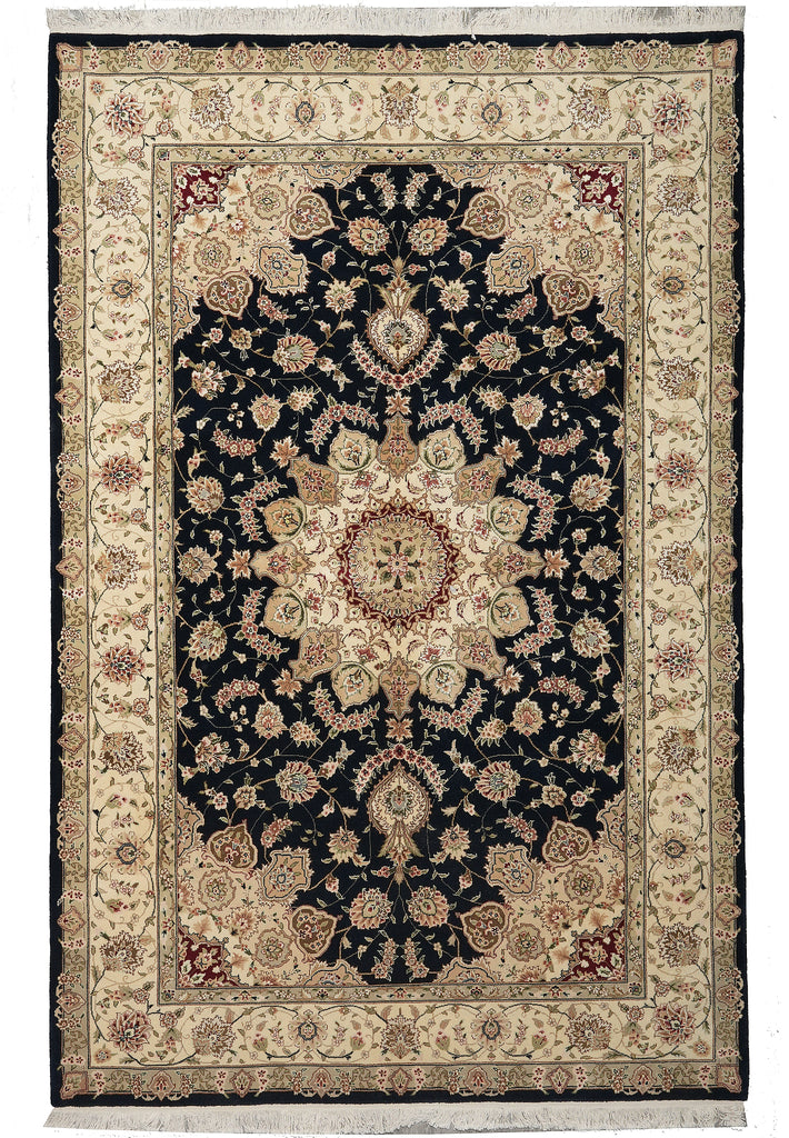 5.9 x 8.9 Quality Wool And Silk Tabriz Rug Fancy Black #PIX-10568