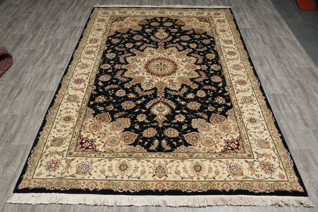 5.9 x 8.9 Quality Wool And Silk Tabriz Rug Fancy Black #PIX-10568