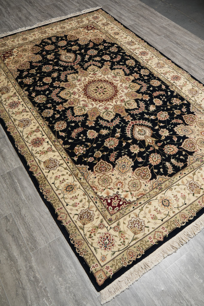 5.9 x 8.9 Quality Wool And Silk Tabriz Rug Fancy Black #PIX-10568