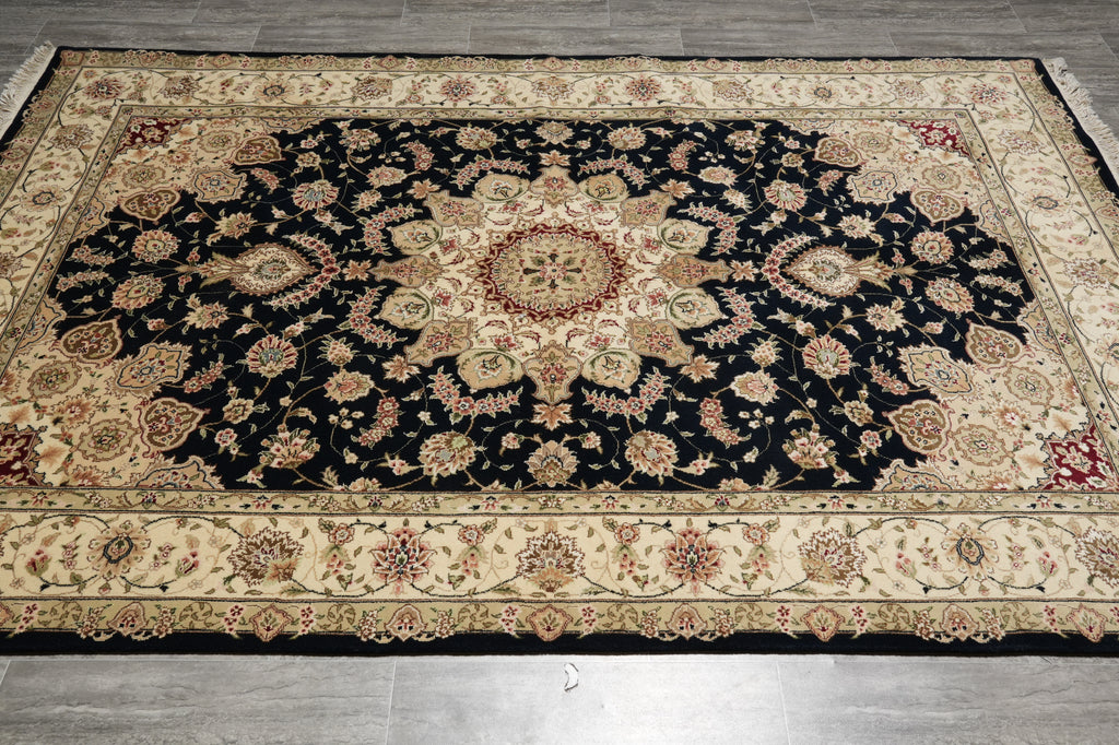 5.9 x 8.9 Quality Wool And Silk Tabriz Rug Fancy Black #PIX-10568