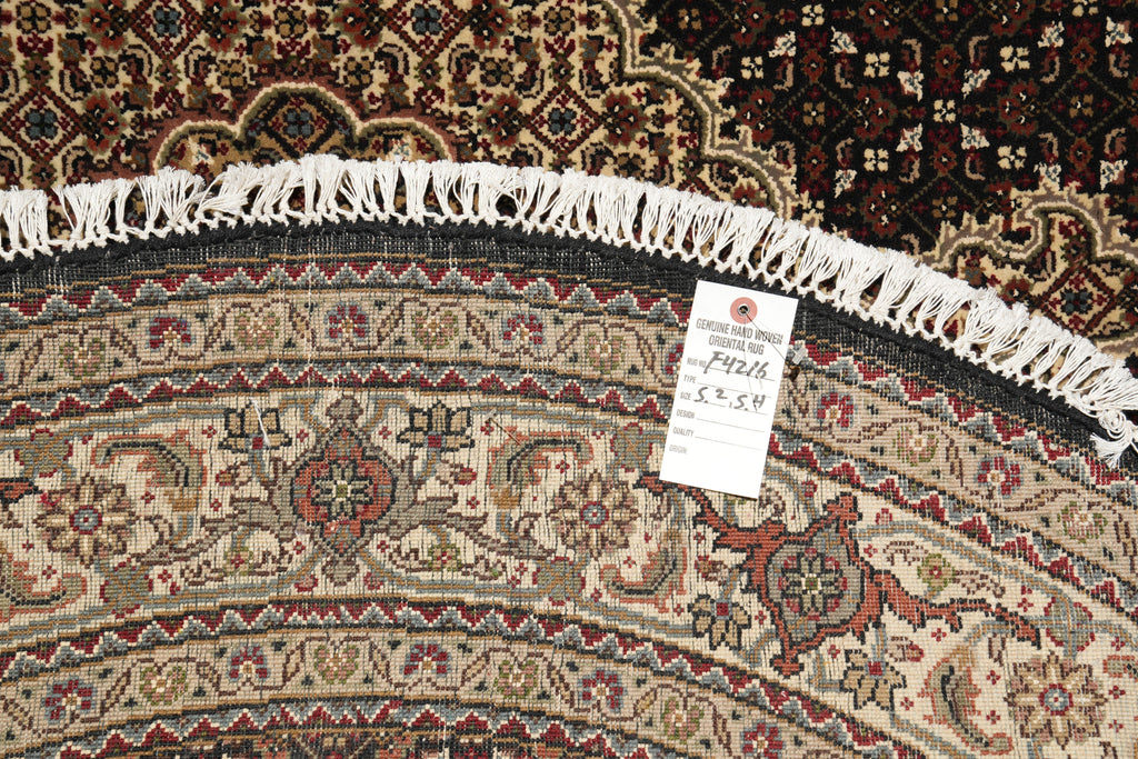 5 x 5.4 Round Quality Wool and Silk Handmade Mahi Tabriz Herati Rug Black #F-4216