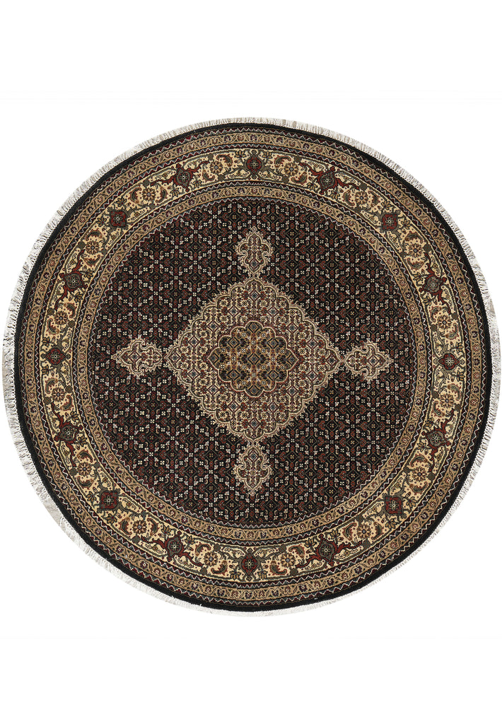 5.2 x 5.4 Round Quality Wool and Silk Handmade Mahi Tabriz Herati Rug Black