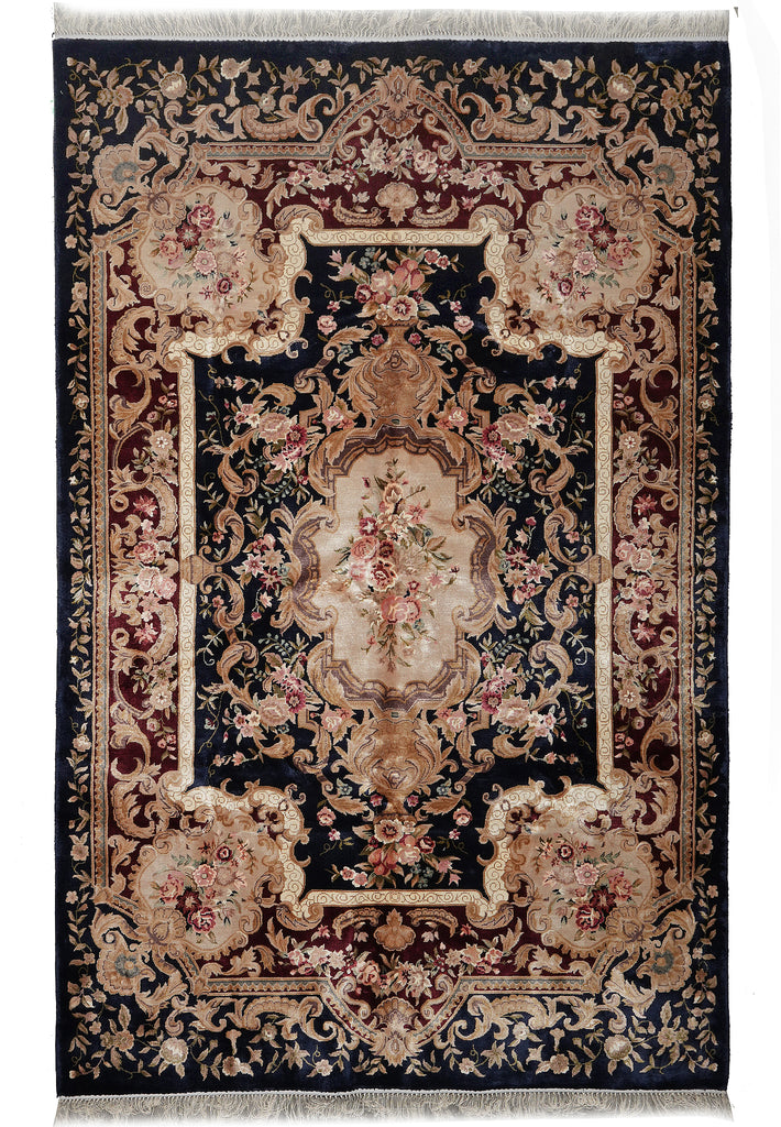 6 x 9 French Aubusson Hand-Knotted Silk Rug Black #F-5526