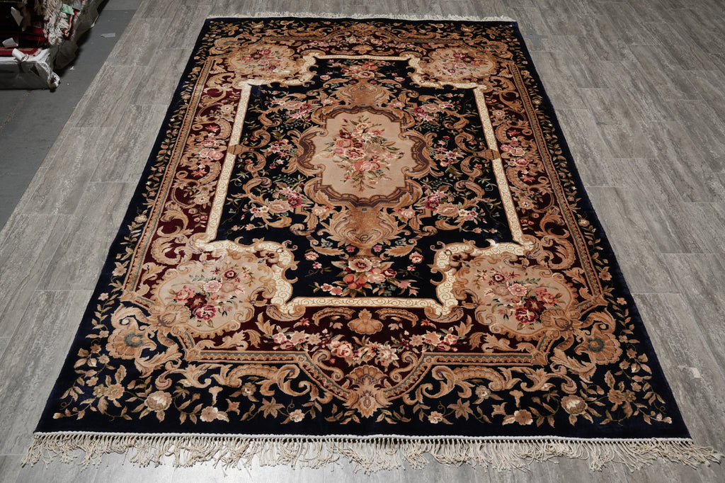 6 x 9 French Aubusson Hand-Knotted Silk Rug Black #F-5526