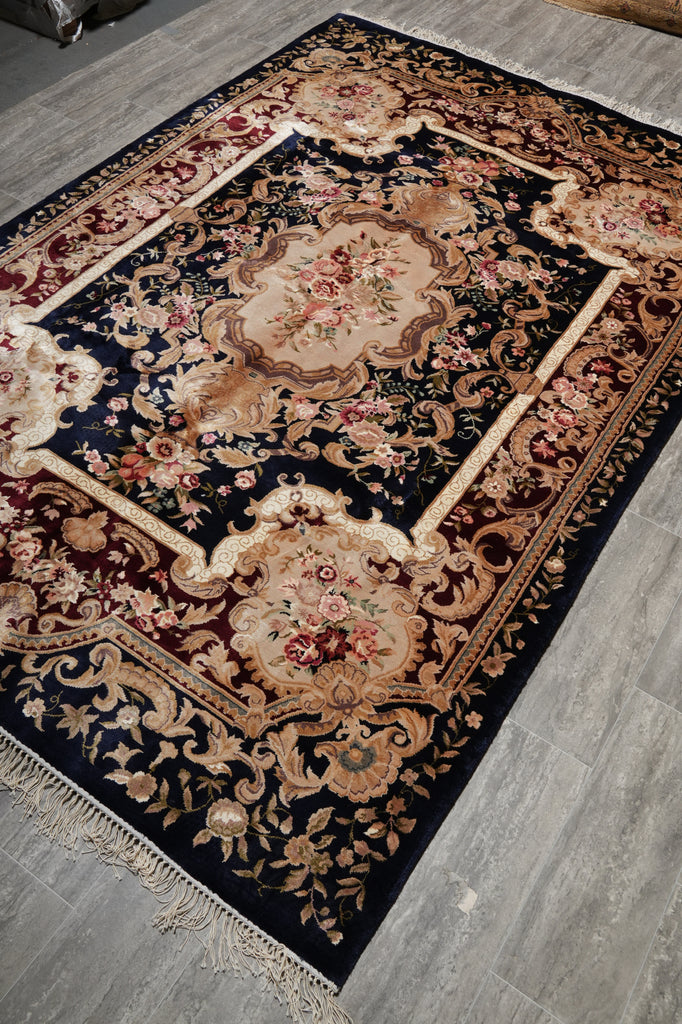 6 x 9 French Aubusson Hand-Knotted Silk Rug Black #F-5526
