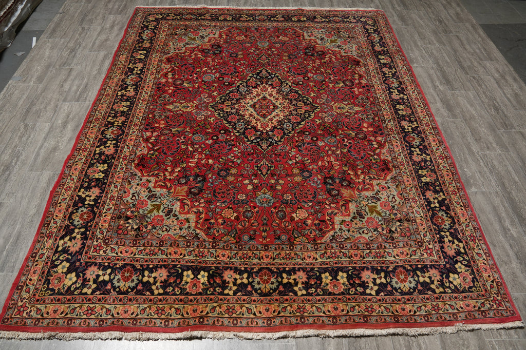 7 x 9.4 Soft Tomato Red Persian Qom Sarouk Rug 72756