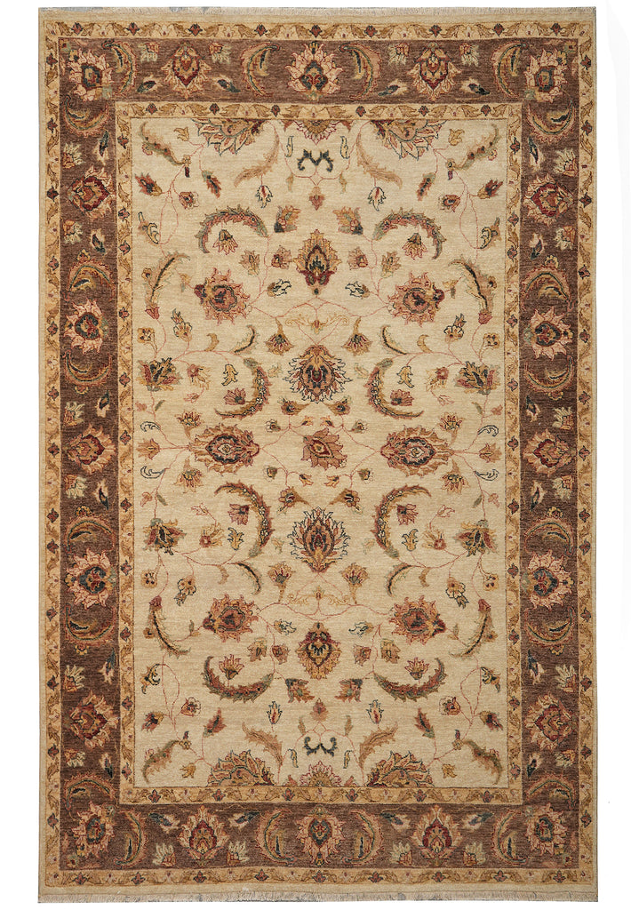6.3 x 9.3 Hand-Knotted Agra Rug Beige Brown #B-73623