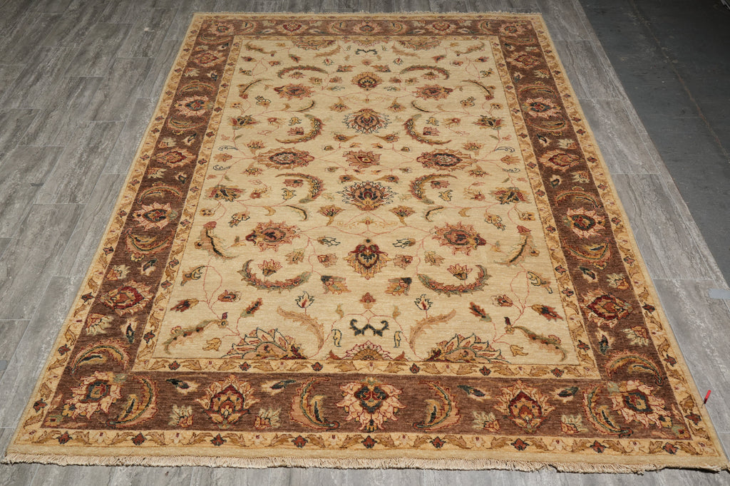 6.3 x 9.3 Hand-Knotted Agra Rug Beige Brown #B-73623