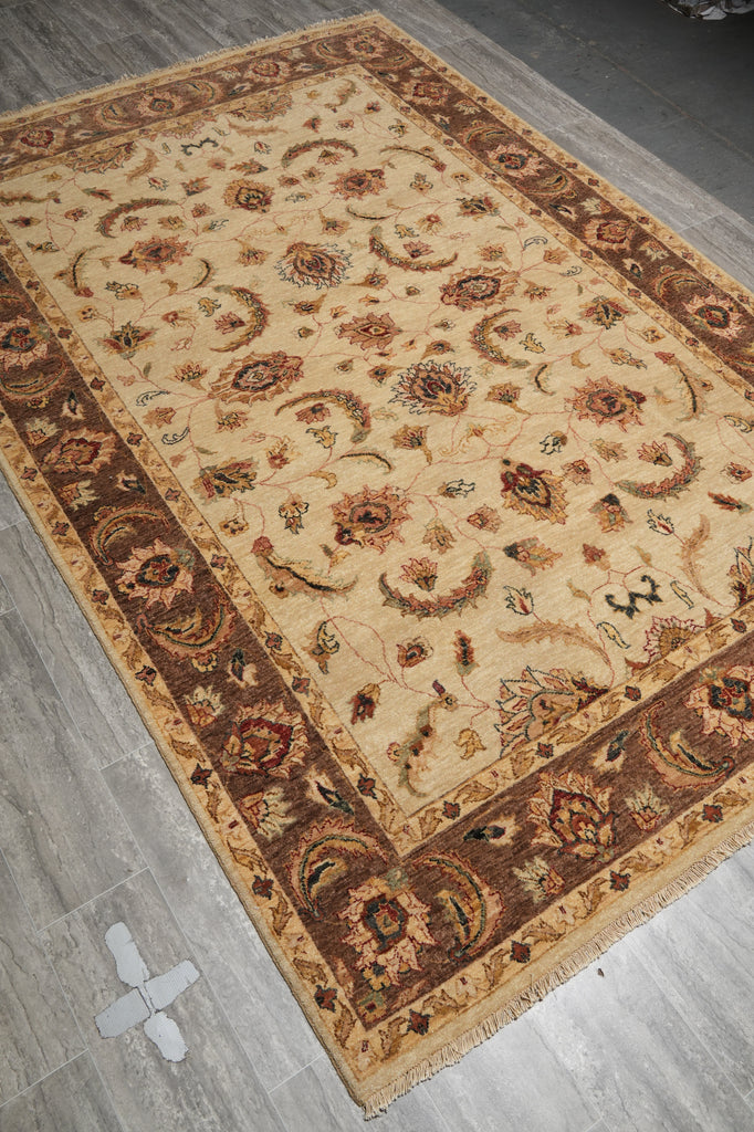 6.3 x 9.3 Hand-Knotted Agra Rug Beige Brown #B-73623