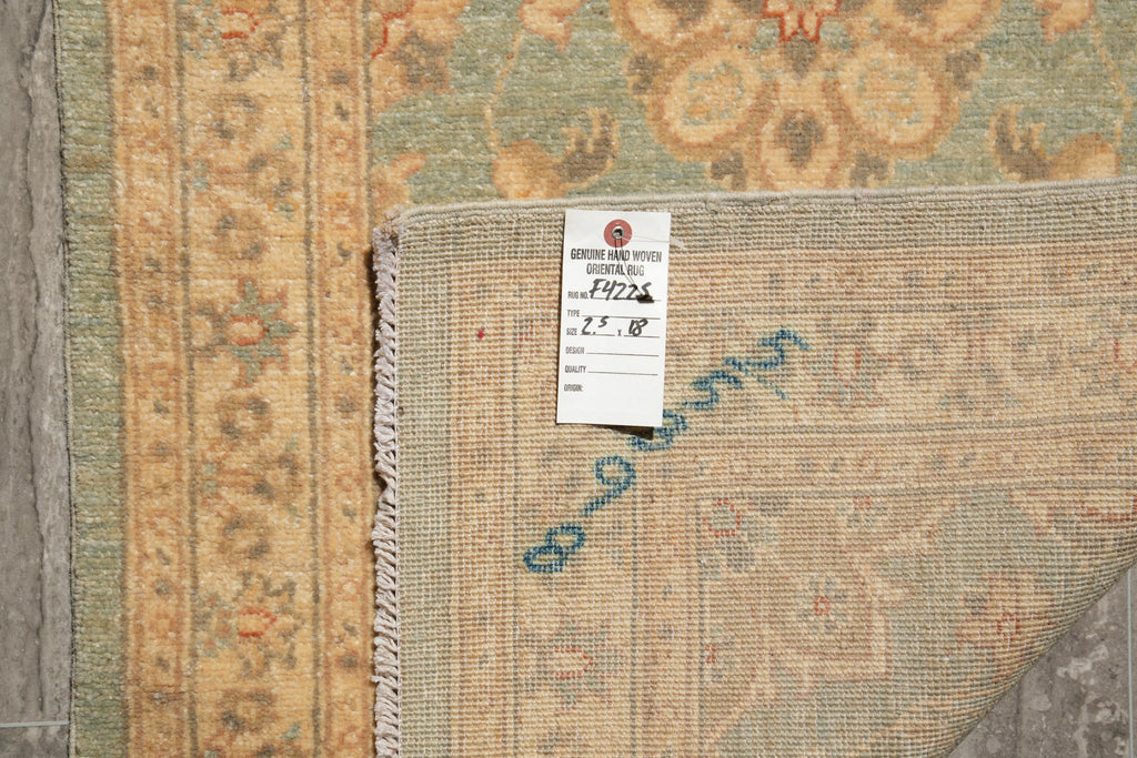 2.3 x 18 Runner Handmade Chobi Peshawar Natural Wool Light Green #F-4225