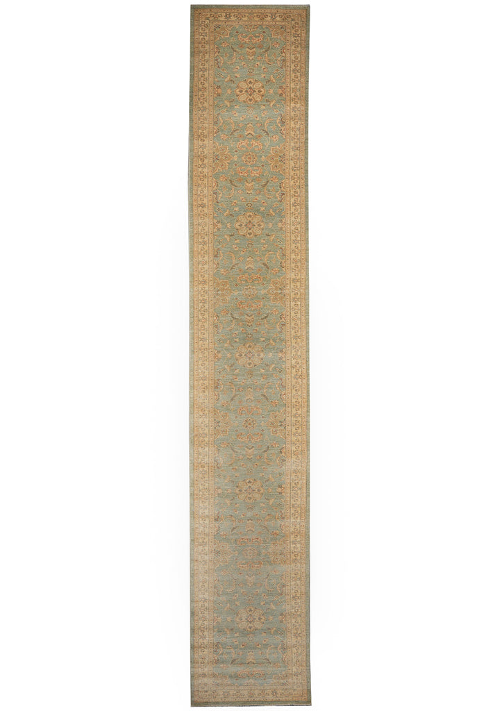 2.3 x 18 Runner Handmade Chobi Peshawar Natural Wool Light Green