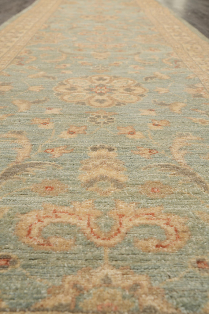 2.3 x 18 Runner Handmade Chobi Peshawar Natural Wool Light Green #F-4225