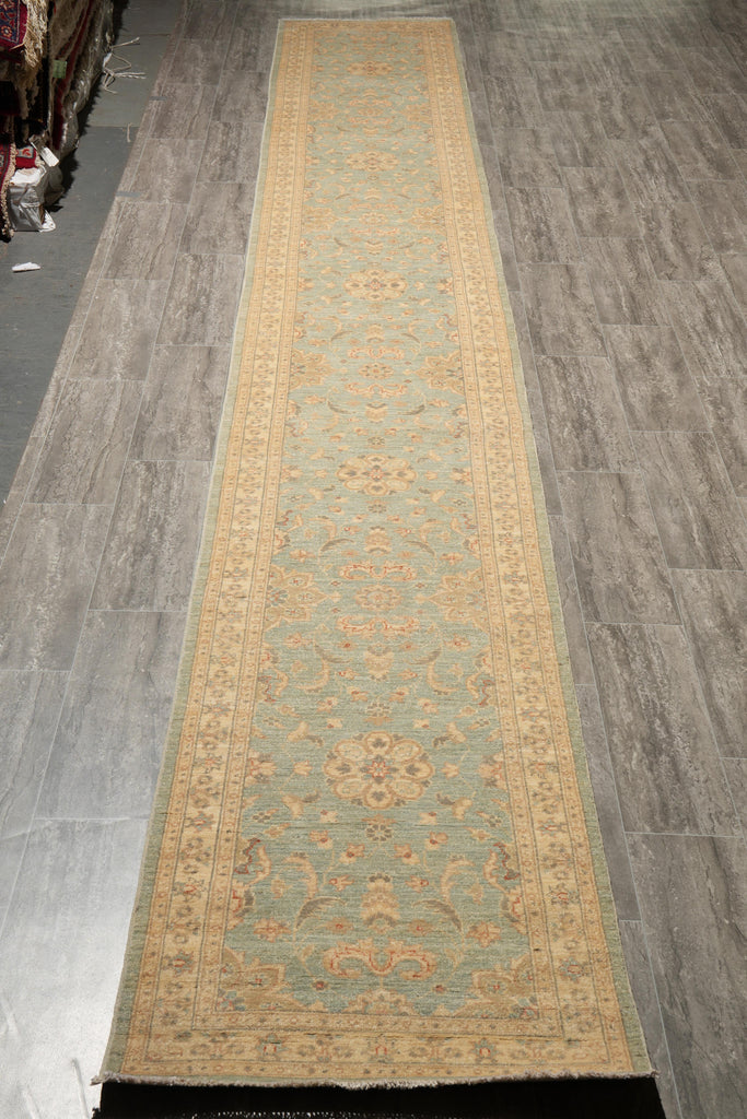 2.3 x 18 Runner Handmade Chobi Peshawar Natural Wool Light Green