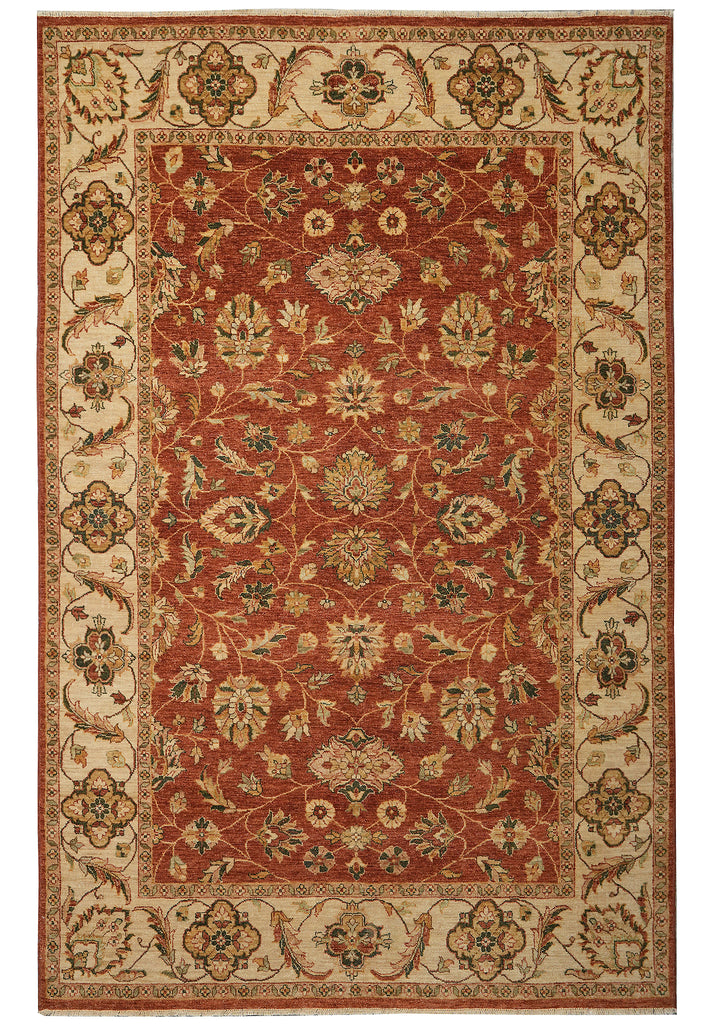 6 x 9  Quality Natural Wool Hand-Knotted Chobi Peshawar Rug Warm Antique Red Gold #B-74082