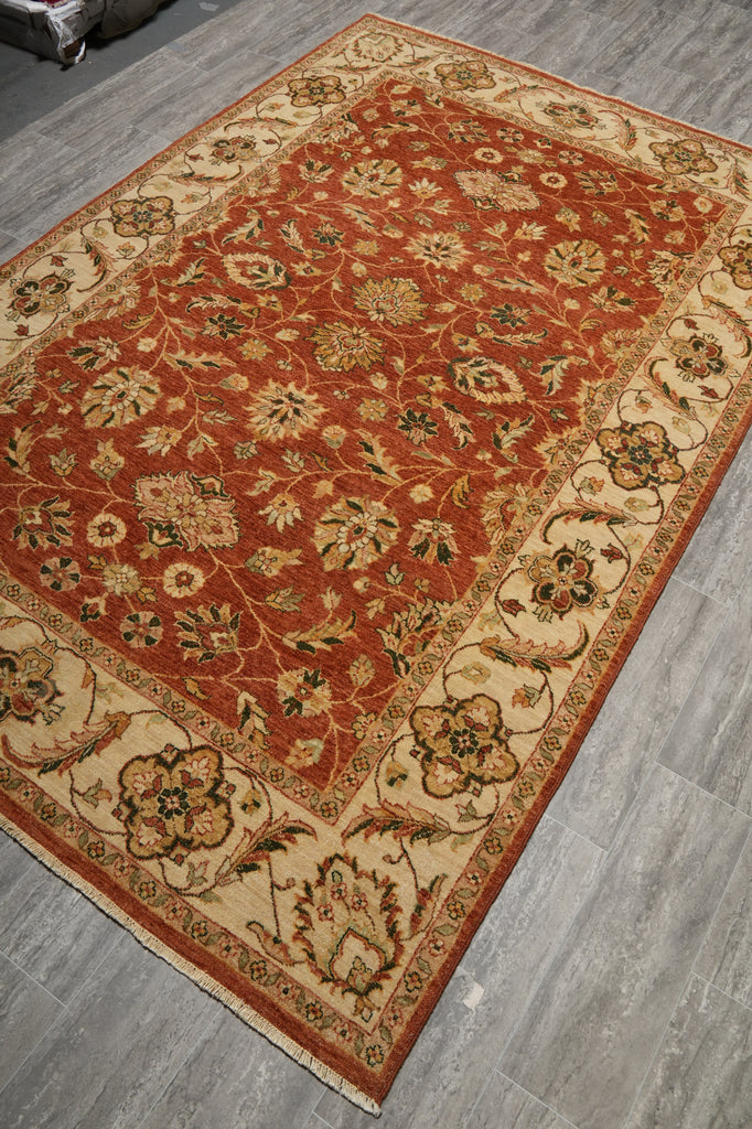6 x 9  Quality Natural Wool Hand-Knotted Chobi Peshawar Rug Warm Antique Red Gold #B-74082