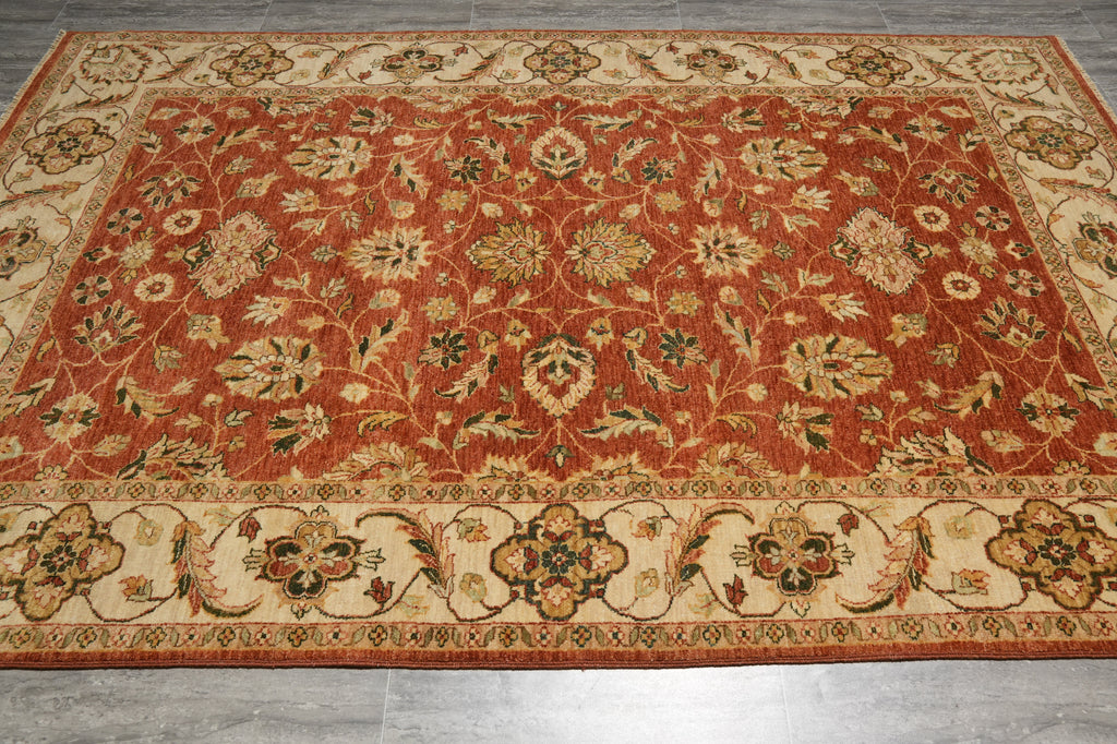 6 x 9  Quality Natural Wool Hand-Knotted Chobi Peshawar Rug Warm Antique Red Gold #B-74082
