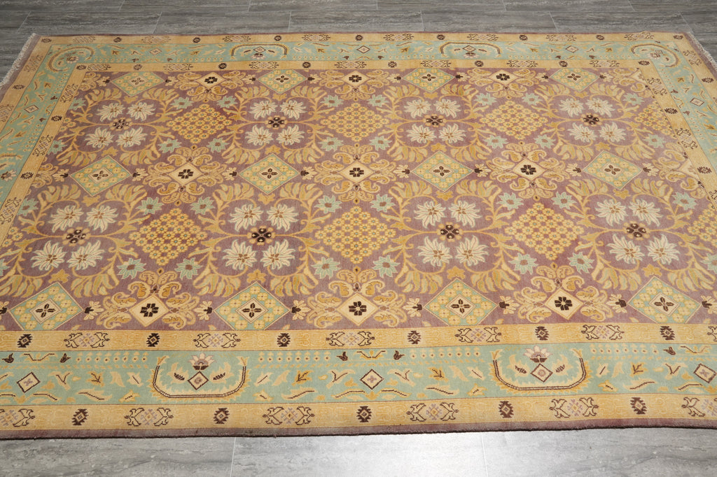 6 x 9.5 Purple Gold Hand-Knotted Agra Rug #D-11