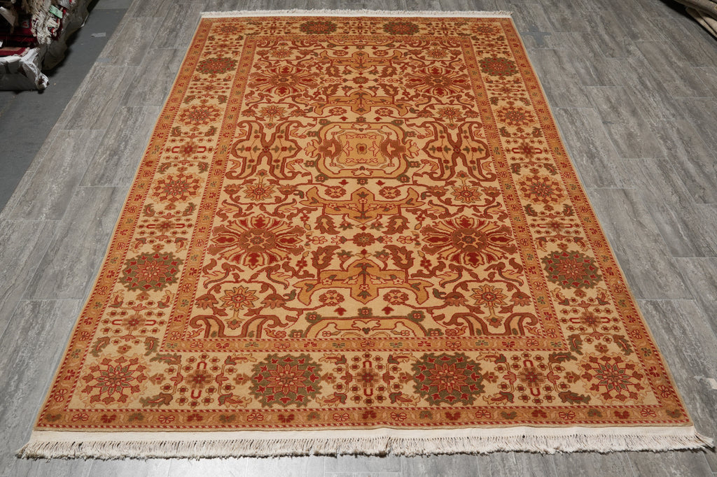 6 x 9 Hand-Knotted Pakistani Antique Style Wool Area Rug Beige Gold Rust #PIX-18852