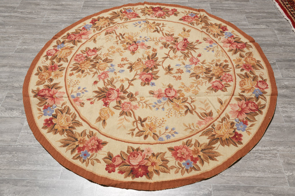 6 x 6 Feet Round Needle Point Tapestry Rug French Floral #F-4505