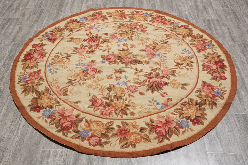 5.10 x 5.10 Feet Round Needle Point Tapestry Rug French Floral
