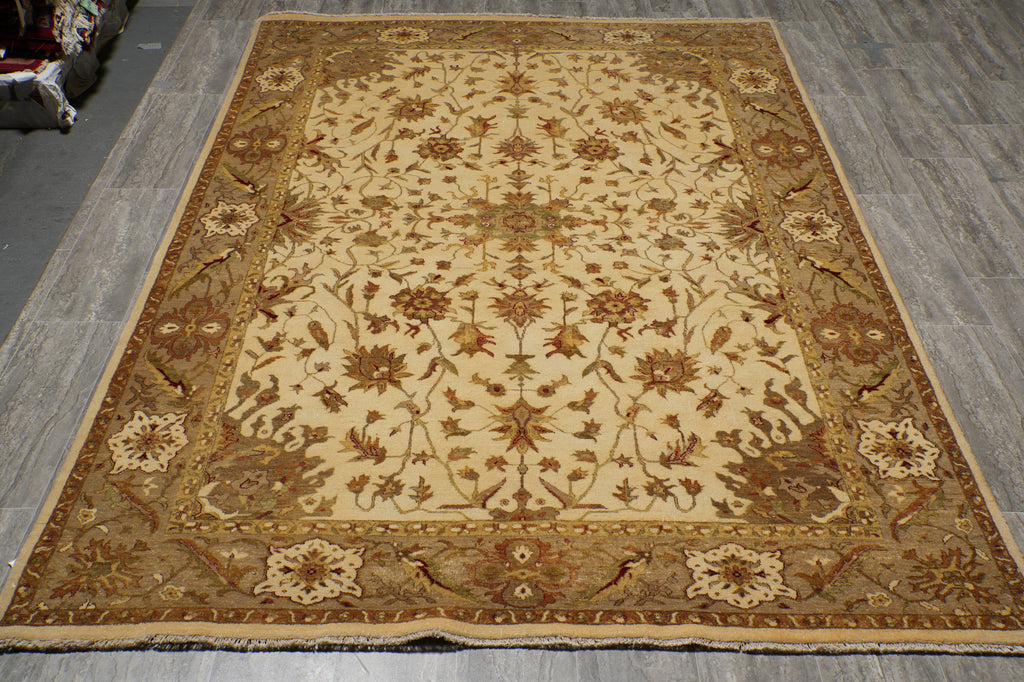 6 x 9 Beige, Green Hand-Knotted Agra Rug #PIX-15573