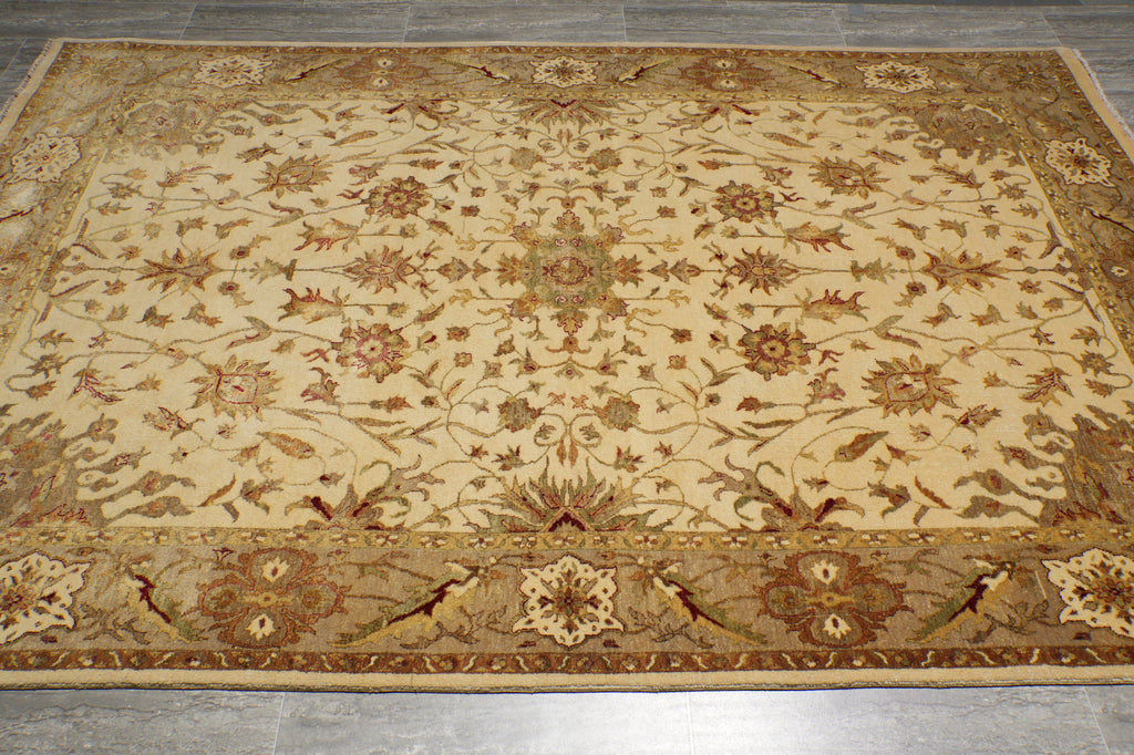 6 x 9 Beige, Green Hand-Knotted Agra Rug #PIX-15573