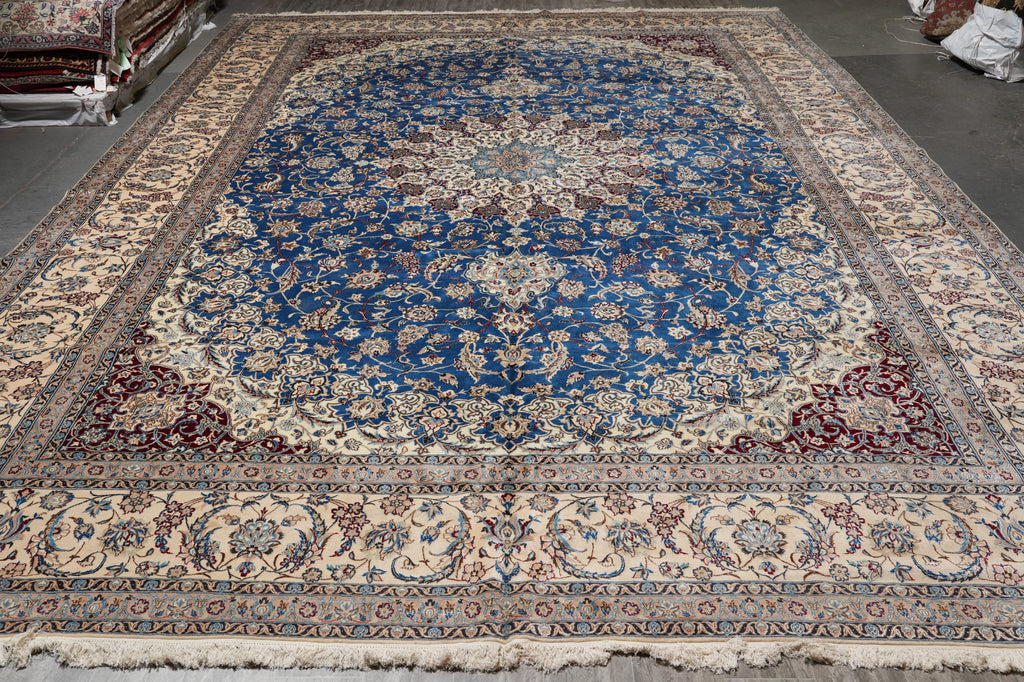13 x 19.4 Authentic Persian Blue Nain Rug Wool and Silk #PIX-12613