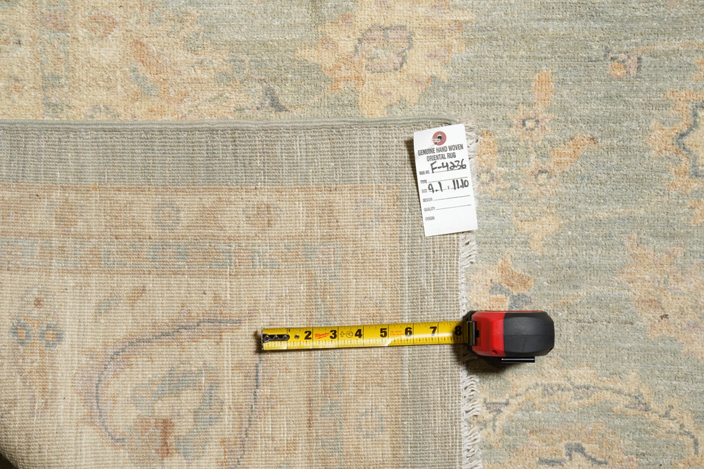 9.1 x 12 Antique Light Green Chobi Peshawar Rug Handmade Pakistan #F-4236