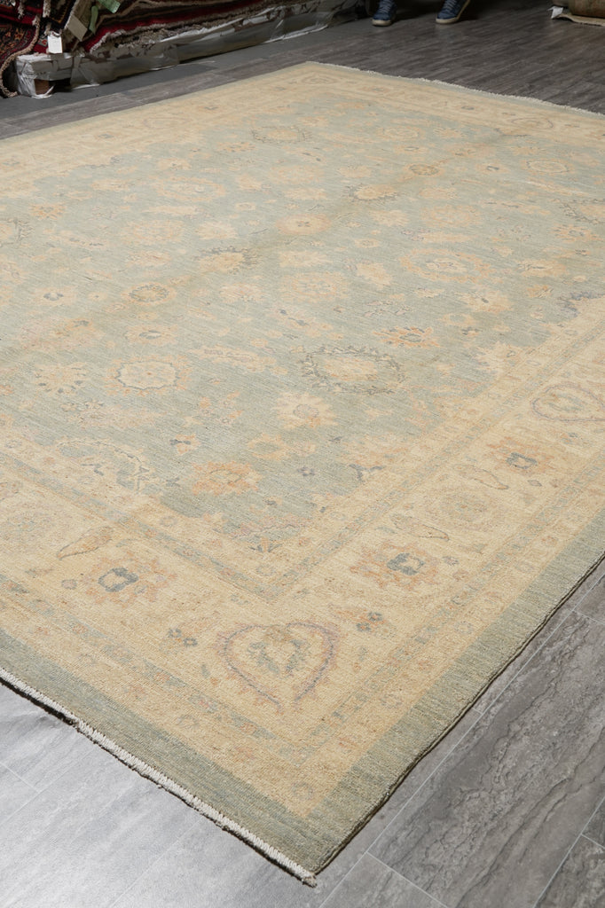 9.1 x 12 Antique Light Green Chobi Peshawar Rug Handmade Pakistan #F-4236