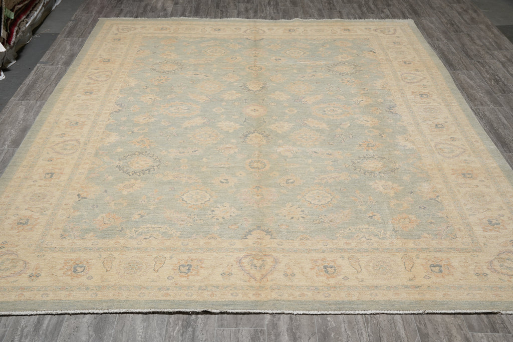 9.1 x 12 Antique Light Green Chobi Peshawar Rug Handmade Pakistan #F-4236