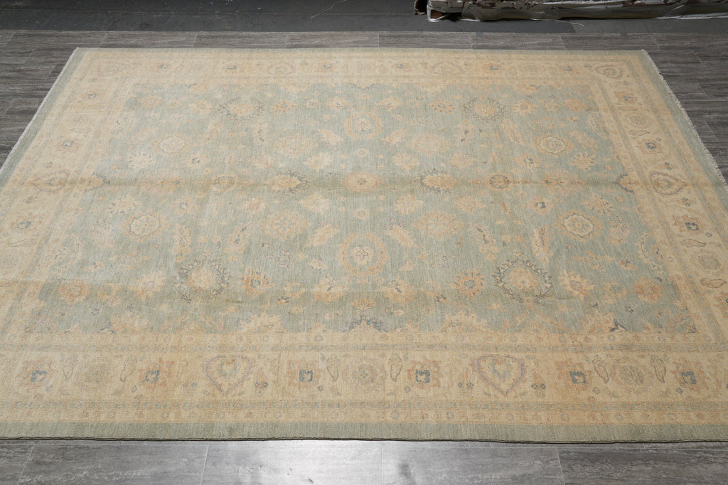 9.1 x 12 Antique Light Green Chobi Peshawar Rug Handmade Pakistan #F-4236