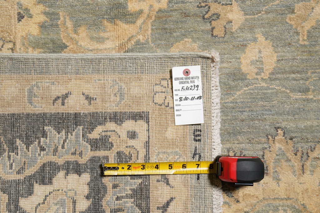 9 x 11.8 Olive Green Handmade Chobi Peshawar rug #F-4239