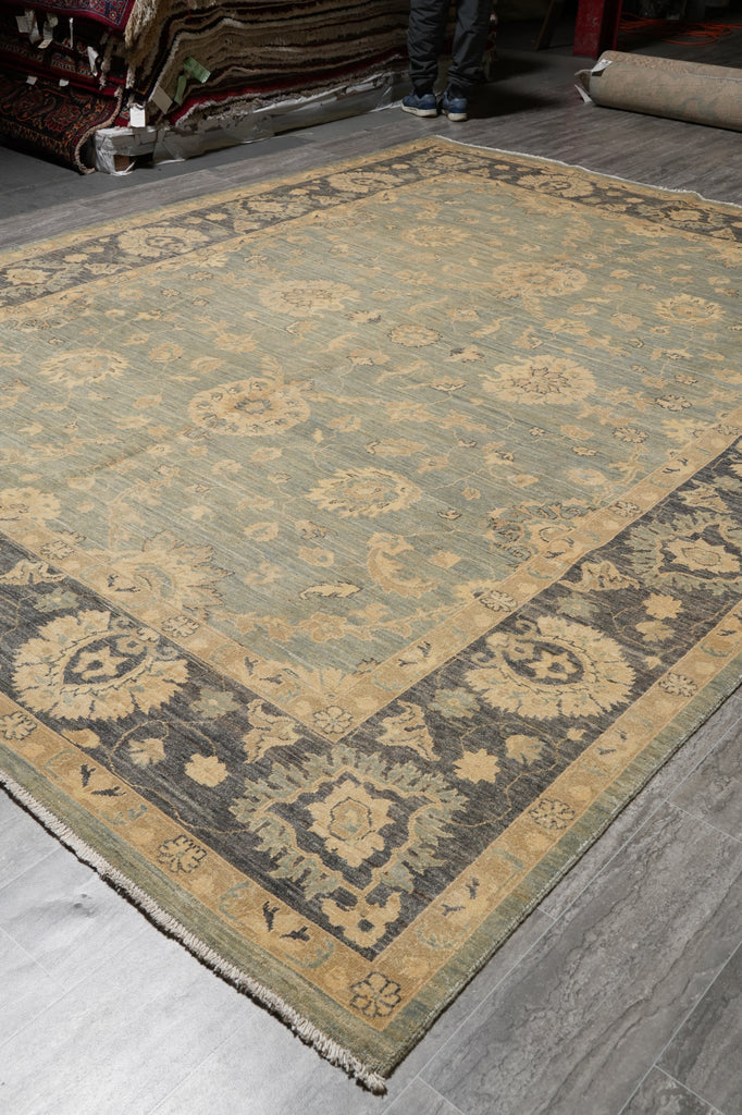 9 x 11.8 Olive Green Handmade Chobi Peshawar rug #F-4239
