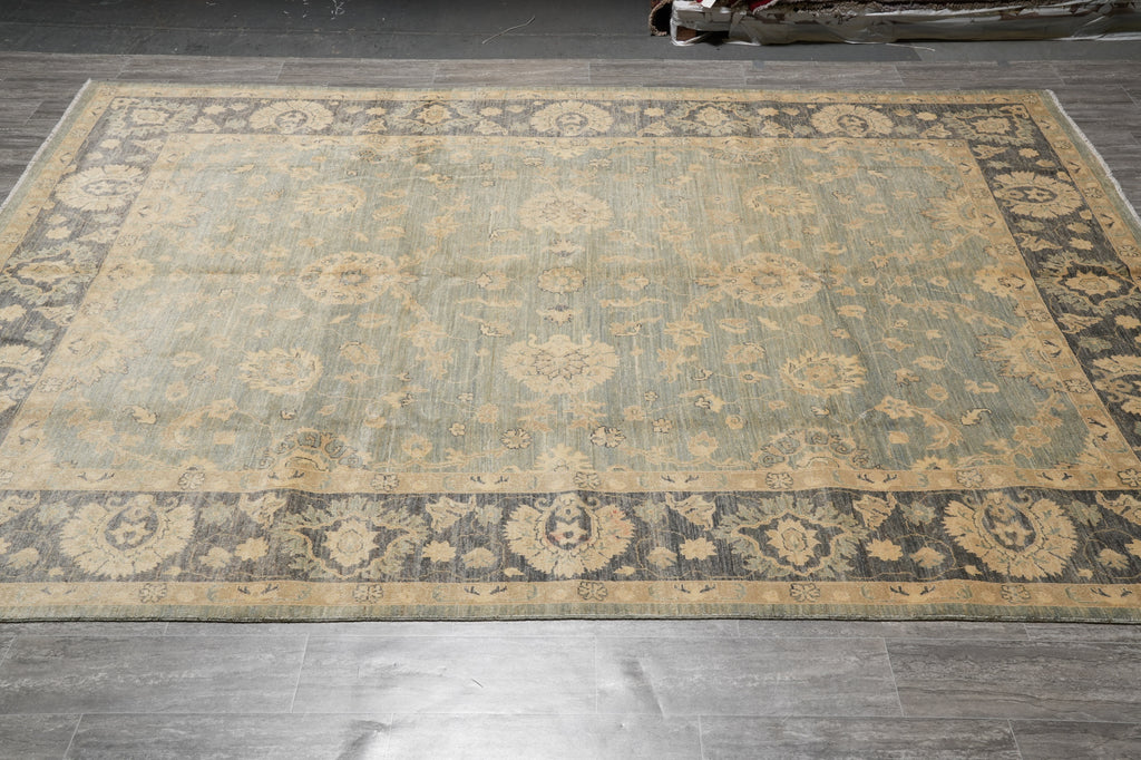 9 x 11.8 Olive Green Handmade Chobi Peshawar rug #F-4239