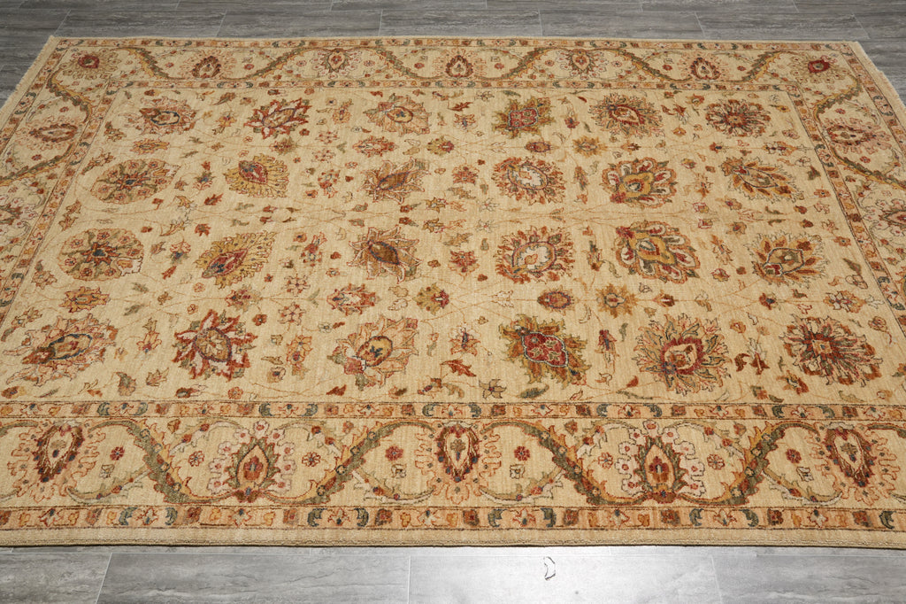 6.6 x 9.7 Quality Natural Wool Hand-Knotted Chobi Peshawar Rug Happy Warm Neutral Colors #B-73637