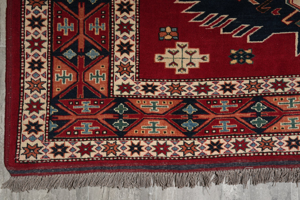 6.7 x 9 Hand-Knotted Kazak Chechen Rug Wool On Wool #F-3184