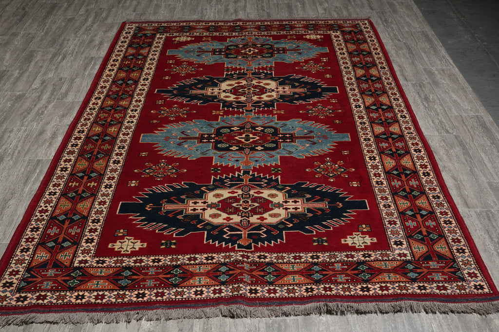 6.7 x 9 Hand-Knotted Kazak Chechen Rug Wool On Wool #F-3184