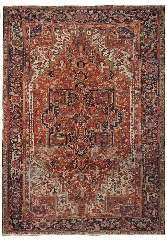 Decorative rug with intricate patterns and colors on a plain background
