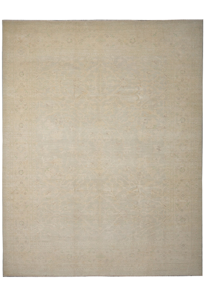 Beige area rug with a subtle pattern on a white background