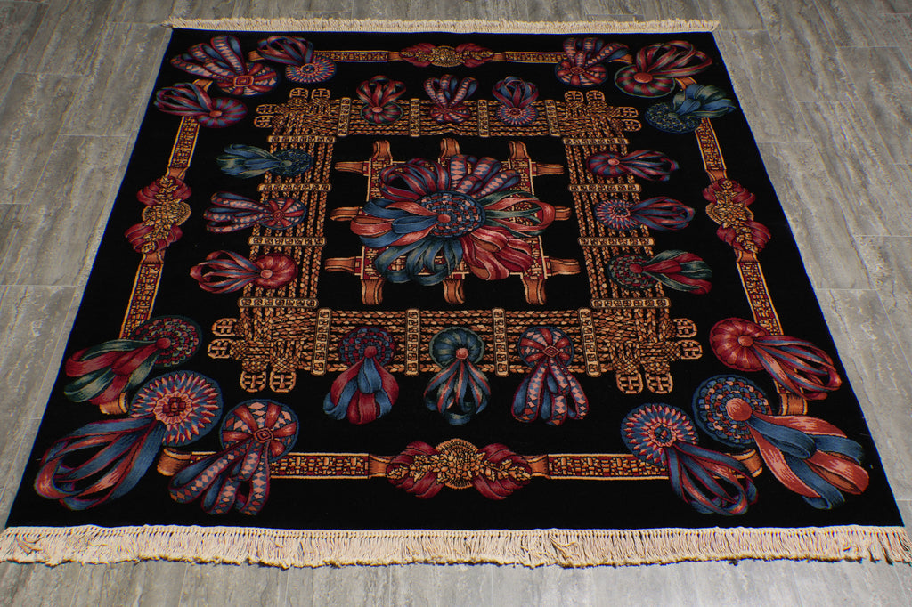 6 x 6 Feet Square Handmade Rug French Black #PIX-16005a