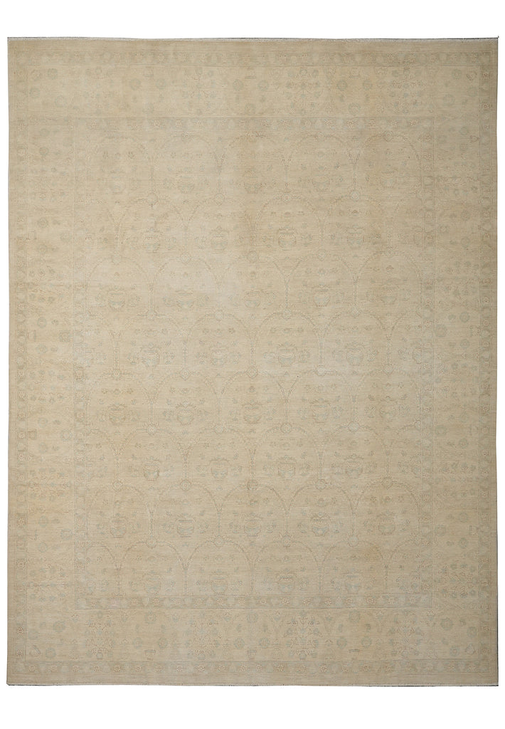Beige area rug with a subtle pattern on a white background