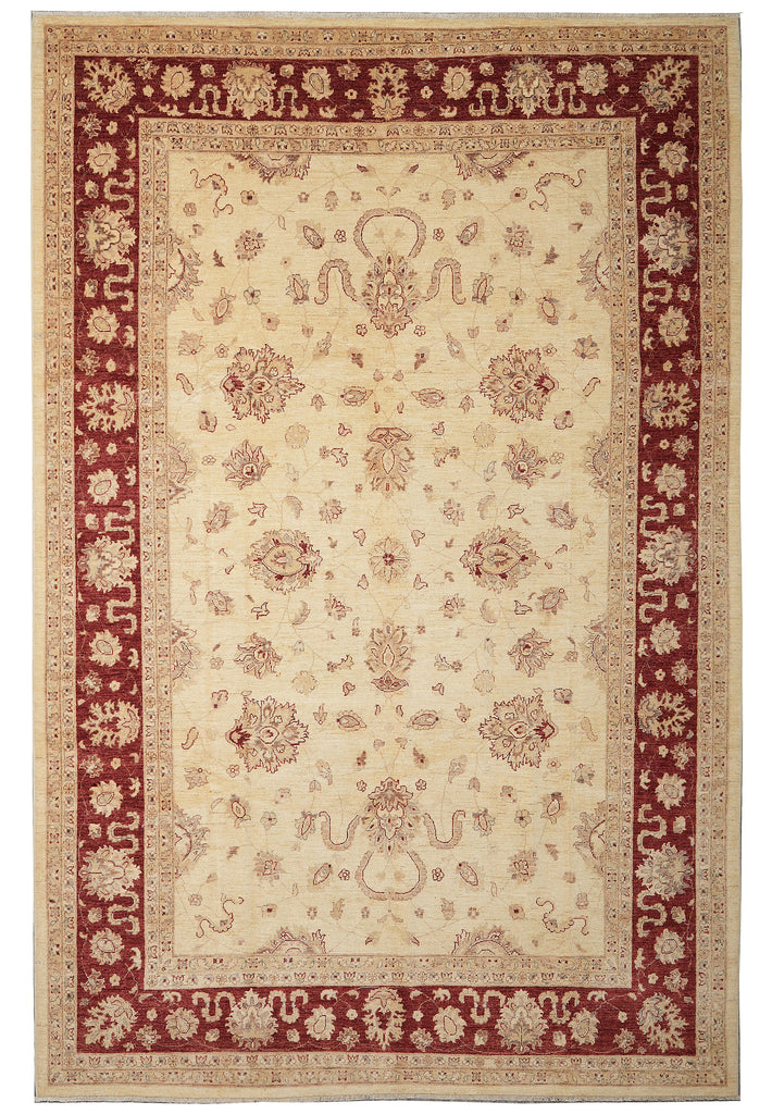 Decorative rug with intricate patterns and a border on a plain background