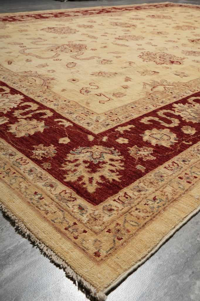 Decorative rug with intricate patterns on a neutral background