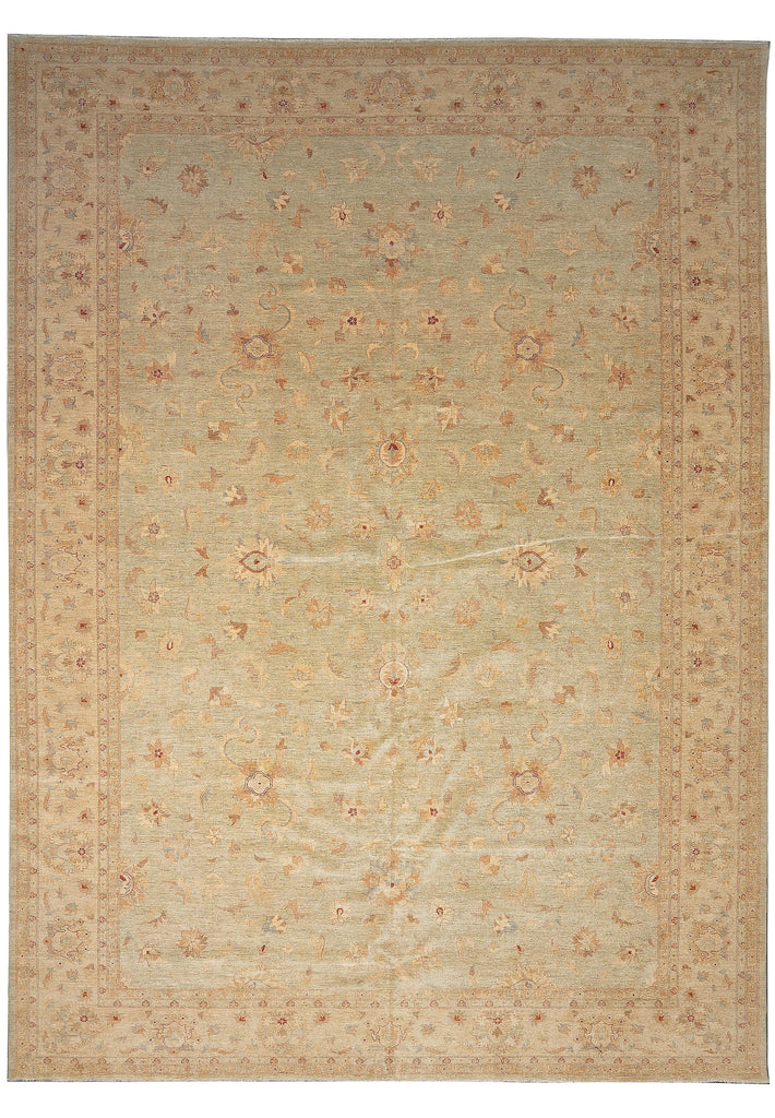 14 x 19.7 Light Green Natural Wool Chobi Peshawar Rug Big Sale
