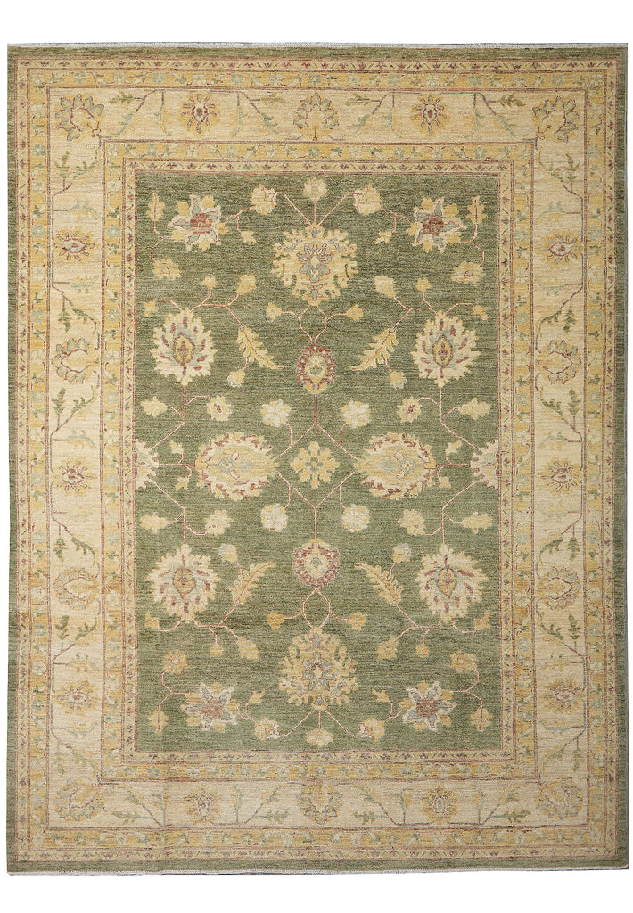 Decorative rug with floral patterns on a green background